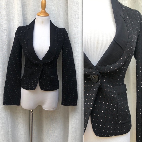 Nice Claup black white dot single button deep v neck wool blazer - Picture 2 of 14